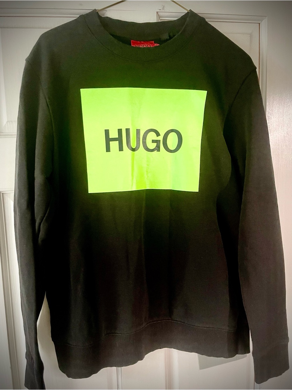 HUGO Boss Men's Black Sweatshirt with Neon Green Logo